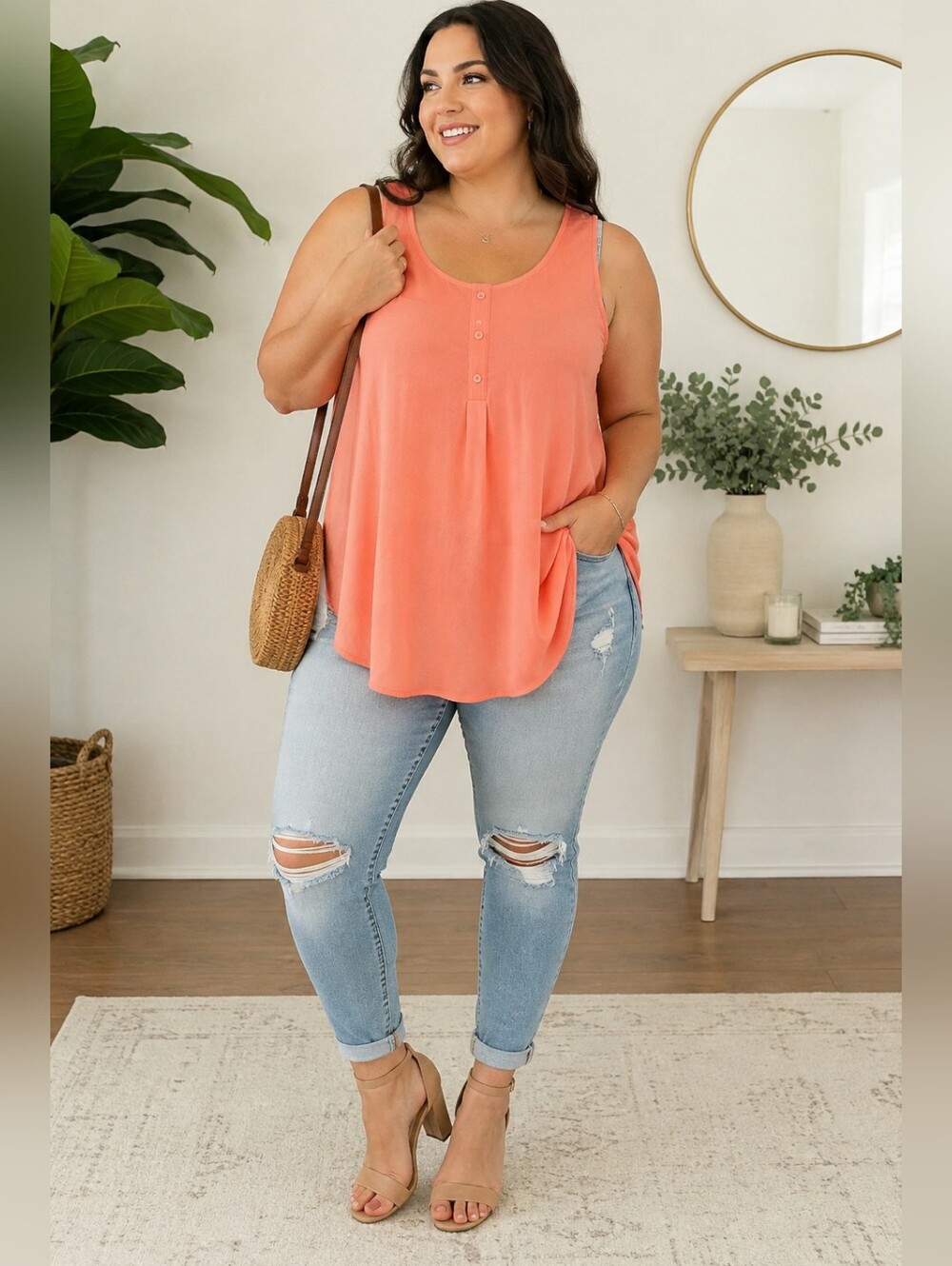 Evri Coral Orange Sleeveless Blouse Women’s Plus Size Button Front Top NWT